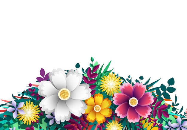 Vettore sfondo estivo e primaverile con fiori colorati luminosi. rami colorati floreali con boccioli. modello di fiori che sbocciano per inviti di nozze e design di biglietti di auguri. illustrazione vettoriale