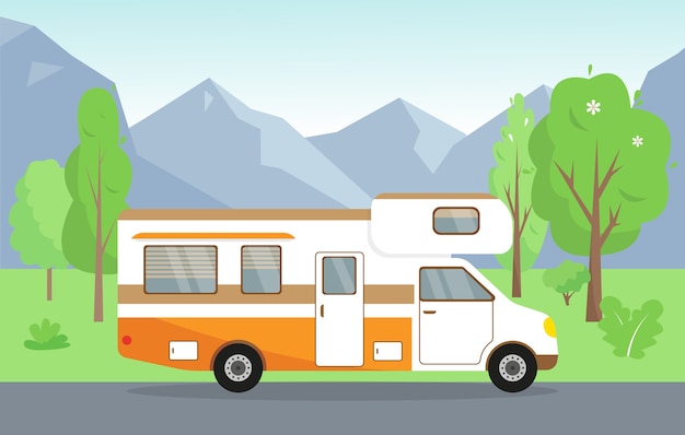 Summer or spring landscape with mountains, trees and travel mobile home.