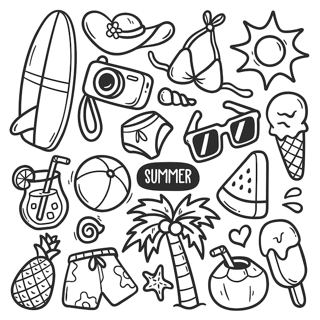 Summer stickers hand drawn doodle coloring vector