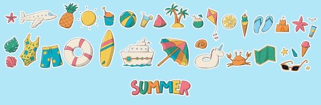 Vector summer stickers set hand drawn doodles with white edge for planners prints cards