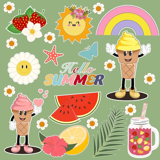 Summer stickers set Vector cartoon stickerpack groovy style Funny psychedelic trendy 60s elements