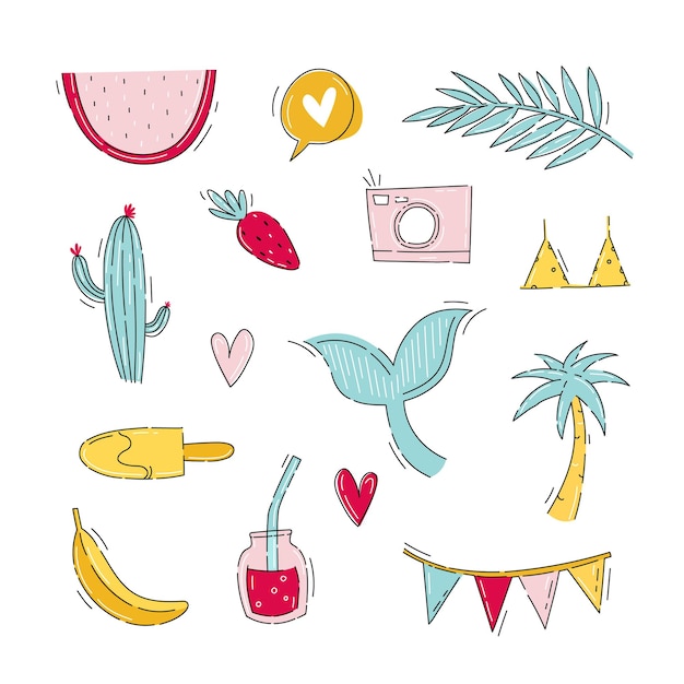 Vector summer stickers with travel elements in flat hand drawn style