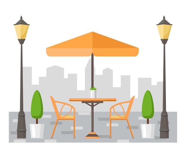 여름 거리 카페. 우산 아래 테이블과 의자. 평면 디자인