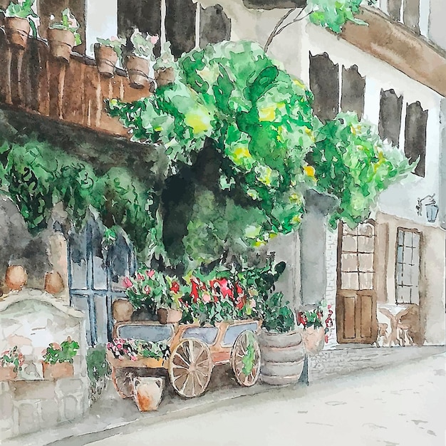 Vector summer street flowers old city watercolor painting