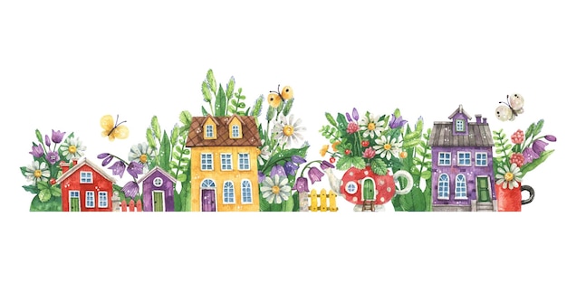 色付きの家と花畑の水彩イラストを持つ夏の通り。キュートでヴィンテージなヨーロピアン