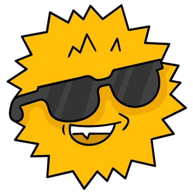멋진 선글라스를 쓴 여름 태양 머리, 벡터 일러스트레이션 상자 이모티콘. 낙서 아이콘 그리기