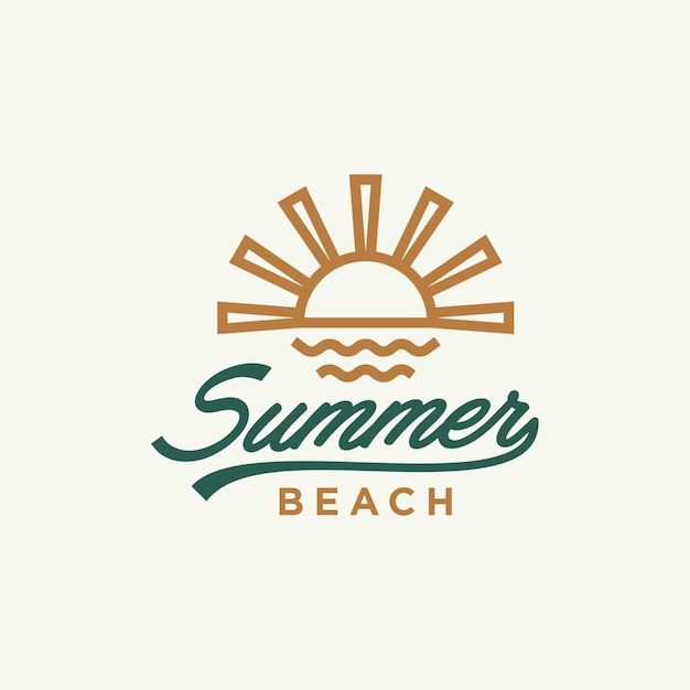 Vector summer sun logo sunset sunrise with beach ocean sea water logo icon vector in trendy line linear