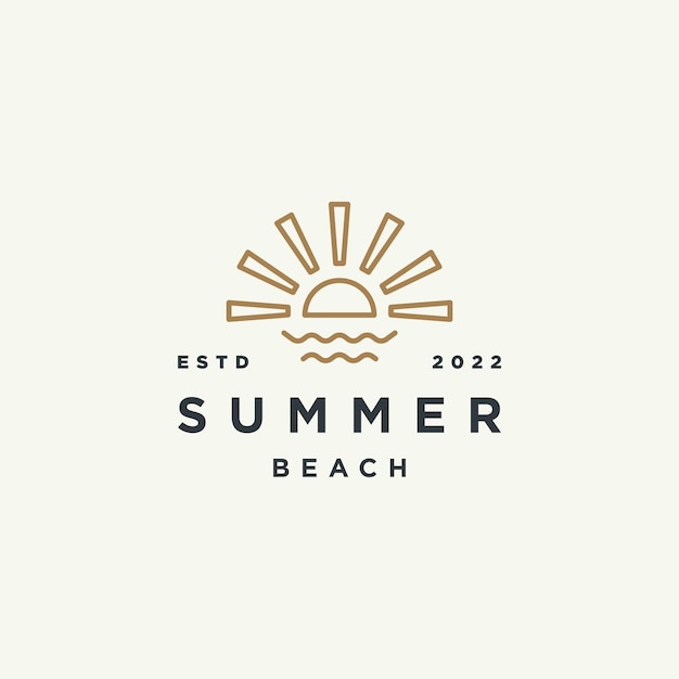 Vector summer sun logo sunset sunrise with beach ocean sea water logo icon vector in trendy line linear