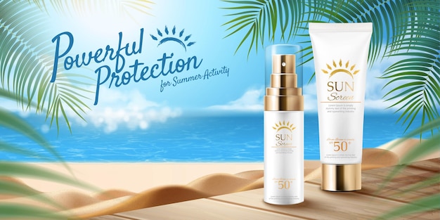 Реклама продуктов летнего солнцезащитного крема на фоне пляжа курорта