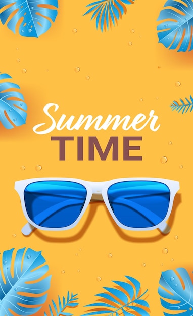 summer sunglasses blue tropical leaves yellow background water droplets
