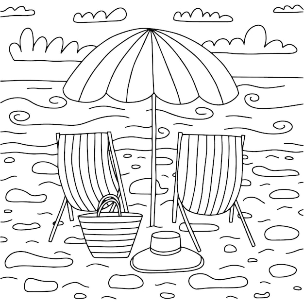 Summer sunny beach coloring page Vector hand drawn coloring page with beach umbrella beach chairs