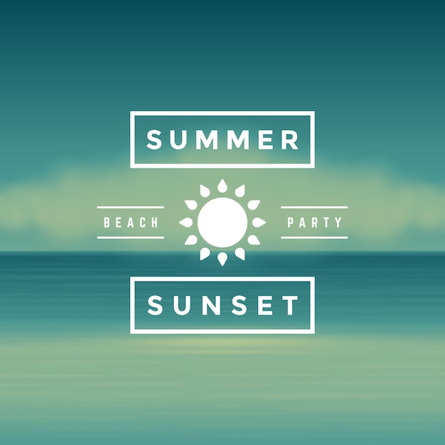 Летний закат пляжная вечеринка этикетка или дизайн значка для плаката или векторной иллюстрации поздравительной открытки. значок солнца и пляж пейзажный фон.