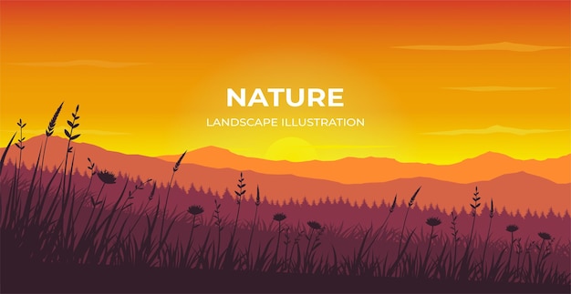 Vector summer sunset grass silhouette landscape panoramic illustration