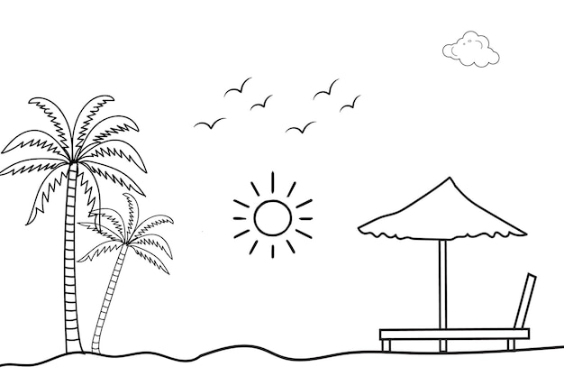 Summer sunset tropical beach line art illustration with palm tree Kids drawing Beach coloring page