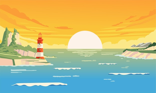 Vector summer sunsets in the bay with a lighthouse that stands on the waterfront illustration