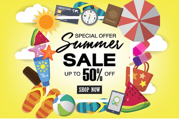 Summer super sale banner template on color background.