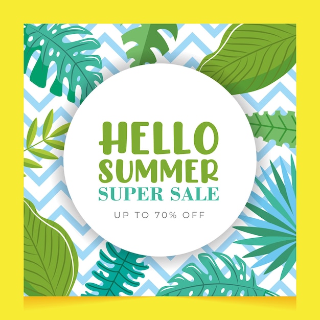 Summer super sale banner over tropical leaves. hello summer