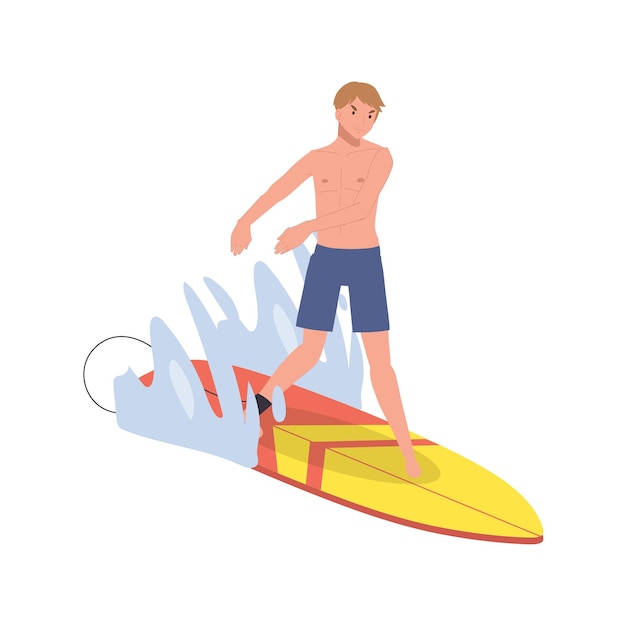 Superficie estiva sport acquatici uomo sulla tavola da surf surf tavola da surf e gocce d'acqua surfisti che cavalcano le onde illustrazione vettoriale piatta