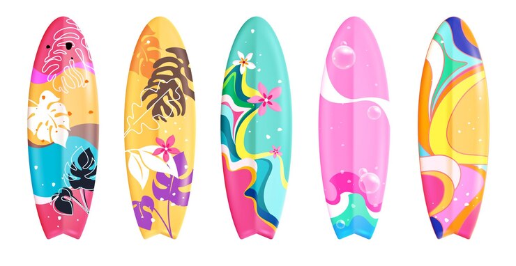 Vector summer surfboard elements clipart set surfing board elements with colorful abstract printed pattern