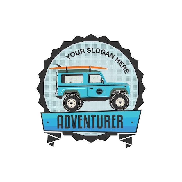 Дизайн значка для летнего серфинга с автомобилем для серфинга и доской для серфинга. графика логотипа travel. векторная ретро-этикетка на белом фоне