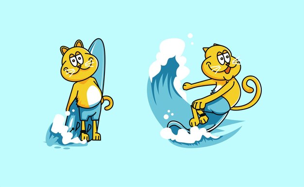 夏のサーフィン猫のイラスト