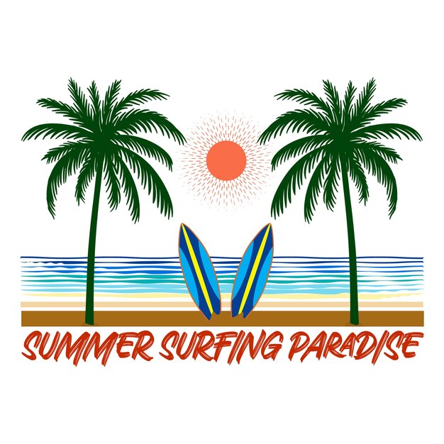 Векторная иллюстрация дизайна футболки Summer Surfing Paradise