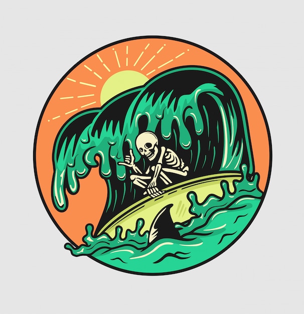 Summer surfing skull enjoy the waves with shark arounding