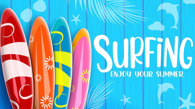 Summer surfing vector banner design Surfing enjoy your summer text with colorful surfboard