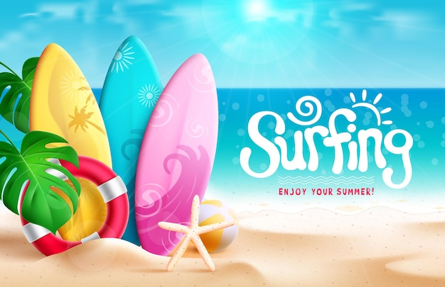 Summer surfing vector design Surfing text in beach seashore background with surfboards element