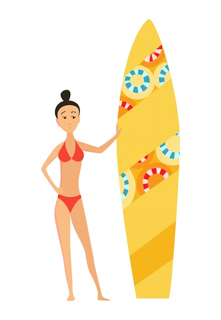 Summer surfing vector illustration of girl or young woman surfer with color surfboard