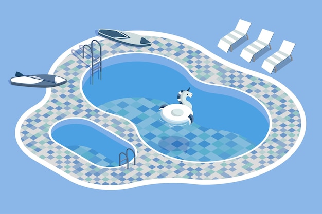 summer swim beach vacation slide empty swimming pool blue water design summertime lounge activity inflatable unicorn ring paddleboard and surfboard vector illustration background