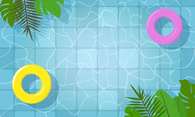 Летний бассейн желтые и розовые плавательные кольца на воде и пальмовых листьях