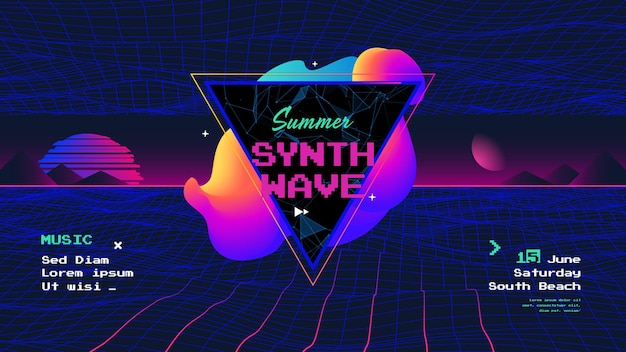 Vector summer synth retro wave poster with sunrise electronic music neon flyer of the 80s