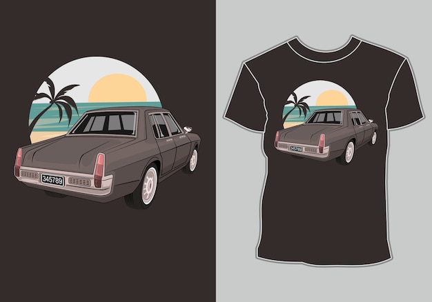 Вектор Летняя футболка классика, винтаж, ретро автомобиль на пляже