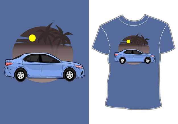 Vettore design t-shirt estiva, auto in vacanza in spiaggia