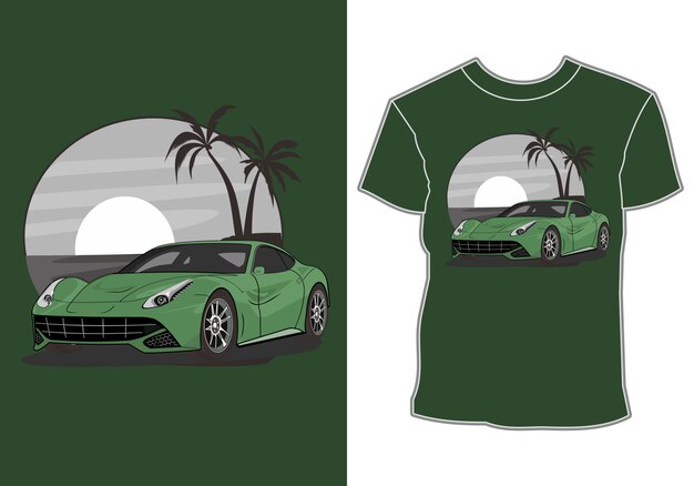 Design t-shirt estiva, moderna auto sportiva in vacanza in spiaggia