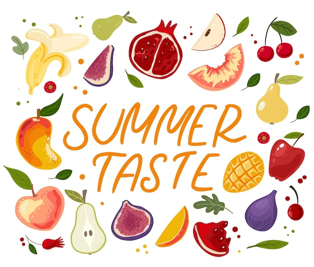 여름 맛 기호 유기농 바이오 제품 프레임 야채와 과일에 손으로 쓴 글자 따옴표