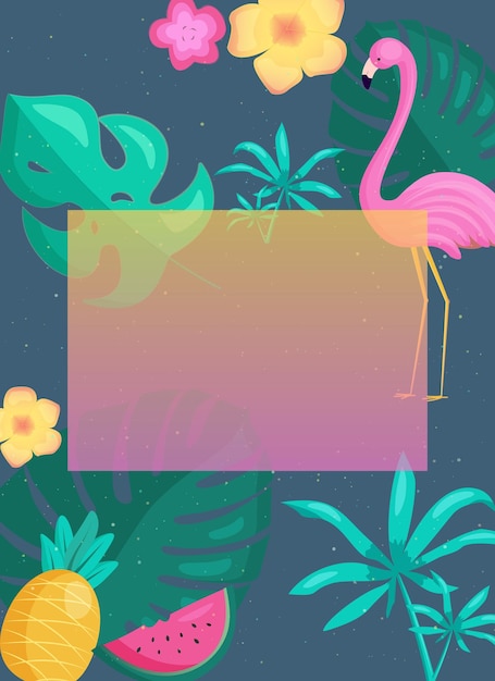 Vector summer template in bright colors with tropical leaves and flamingo frame for poster banner invitation voucher