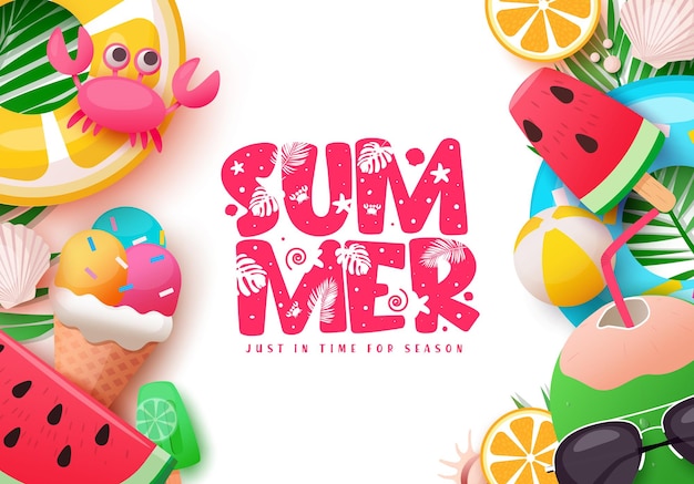 Vector summer text greeting vector template design summer greeting text with floaters ice cream coconut