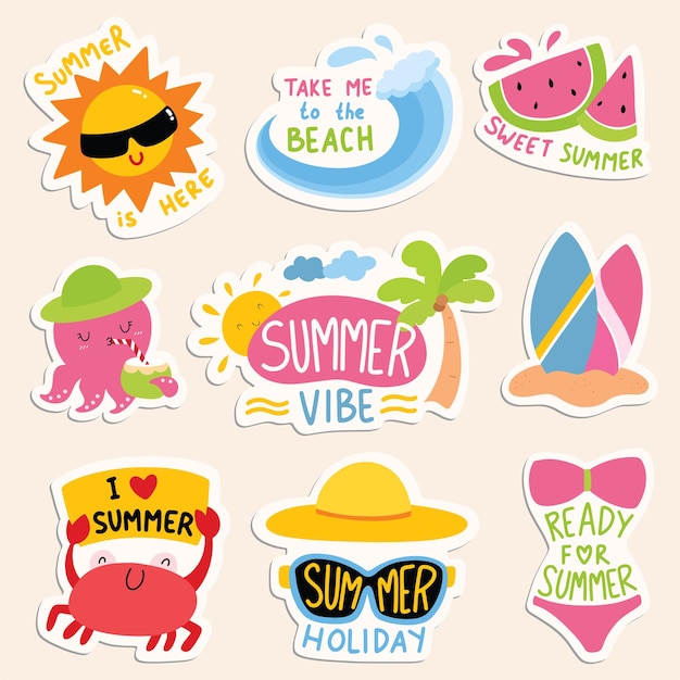 Summer theme sticker in cartoon doodle style illustration