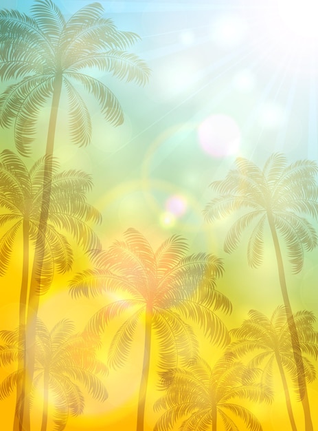 Summer theme with palm trees and bright sun on yellow and blue background illustration