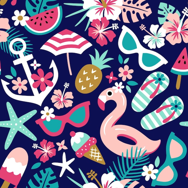 Summer themed seamless vector pattern with tropical flowers and beach accessoires