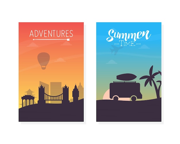 Vettore summer time adventures banner templates set turismo vacanze viaggio cartellone cartellone illustrazione vettoriale