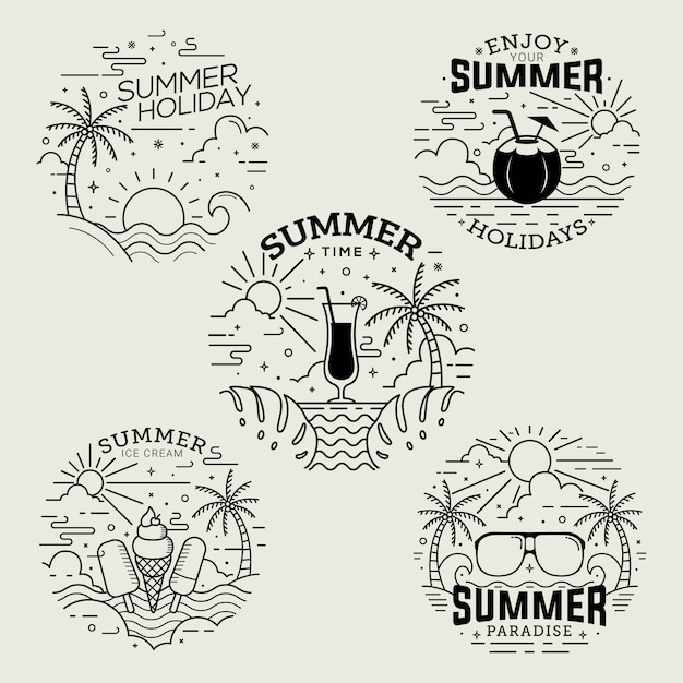 Summer time badges flat style with line art 