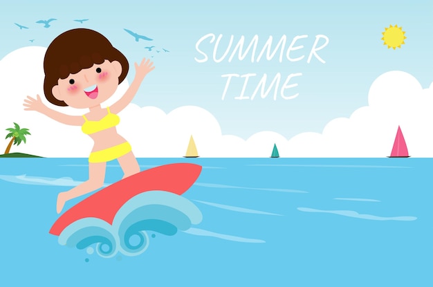 Summer time banner template cute surfer people character with surfboard and riding on ocean wave