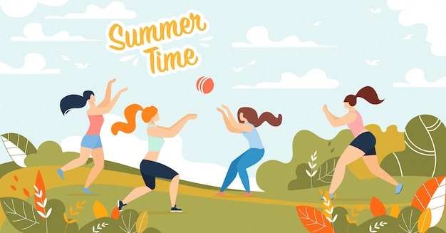 Summer time banner with happy women playing ball