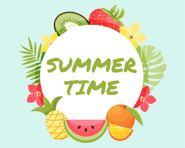 summer time banner with white circle for text and colorful fruits vector illustration