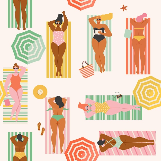 Vector summer time beach seamless pattern in people swimming sunbathing