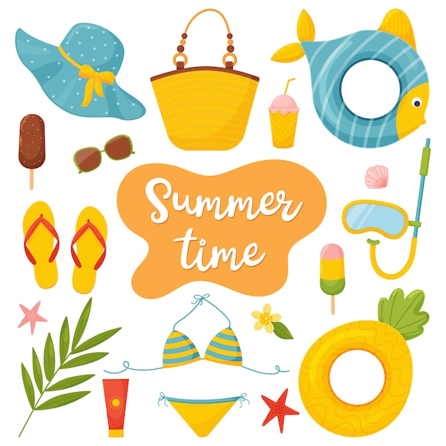 Vector summer time. beach set in a flat style.