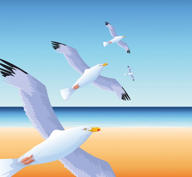 Vector summer time in beach vacations flying seagulls over sea